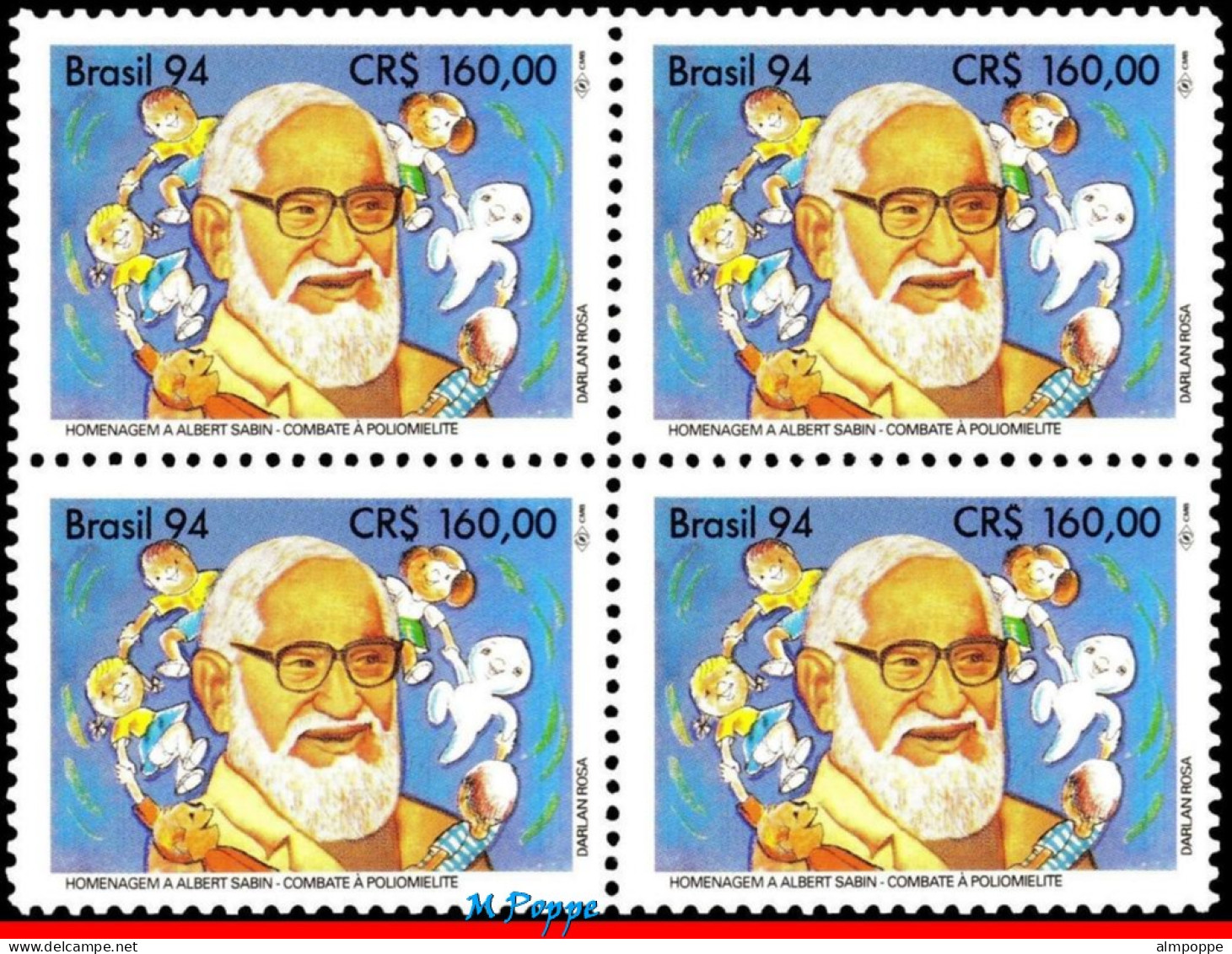 Ref. BR-2467-Q BRAZIL 1994 - ALBERT SABIN,, POLIO VACCINE, MI# 2577, BLOCK MNH, HEALTH 4V Sc# 2467 - Hojas Bloque