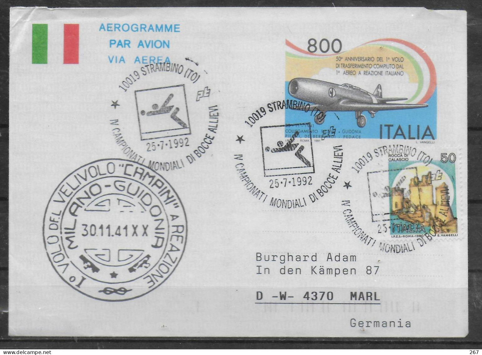 ITALIE  Lettre 1992 Strambino  Pétanque - Bocce