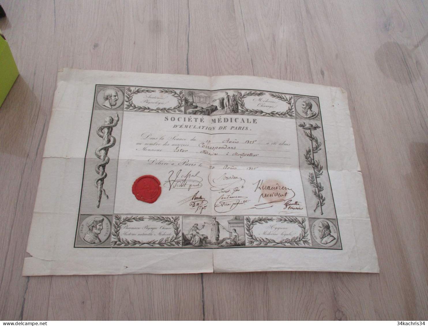 Esto Très Rare Diplôme Médecine Illustré Avec Sceau Autographe Société Médicale D'émulation De Paris Estor Montpellier - Diplômes & Bulletins Scolaires