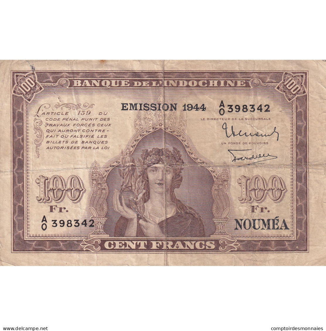 Billet, Nouvelle-Calédonie, 100 Francs, 1942, Undated (1942), KM:46b, TB - Nouméa (New Caledonia 1873-1985)