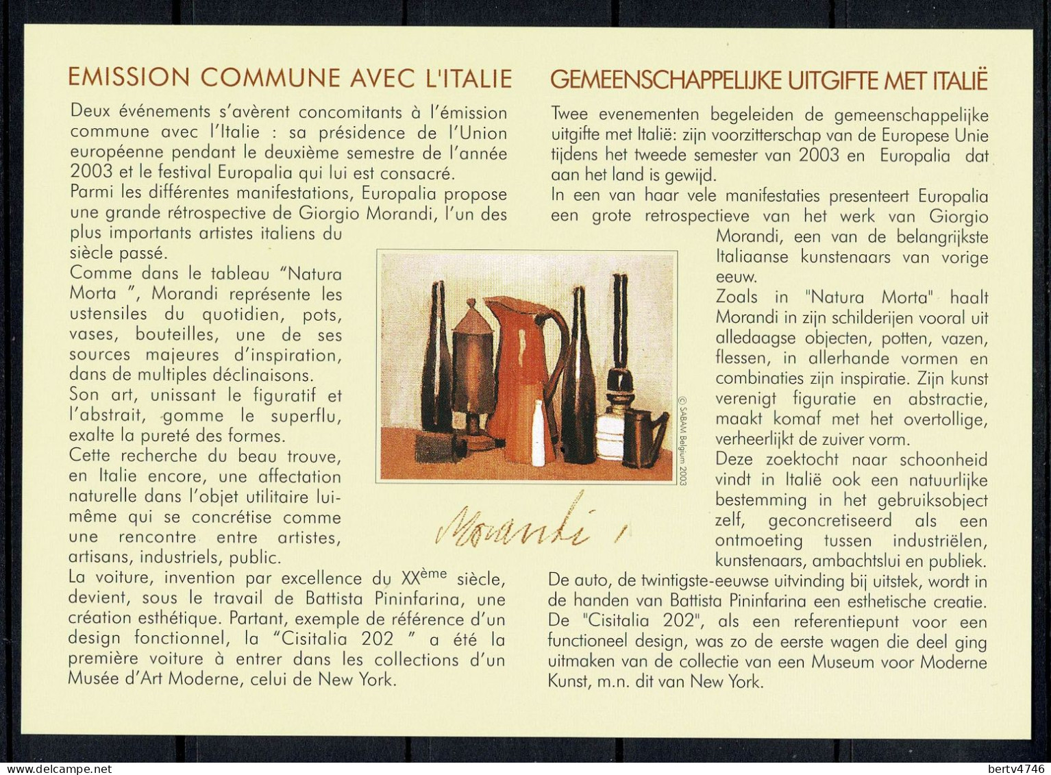 Belg. 2003 - 3205HK België/Italië - Belgique/Italie - Cartoline Commemorative - Emissioni Congiunte [HK]