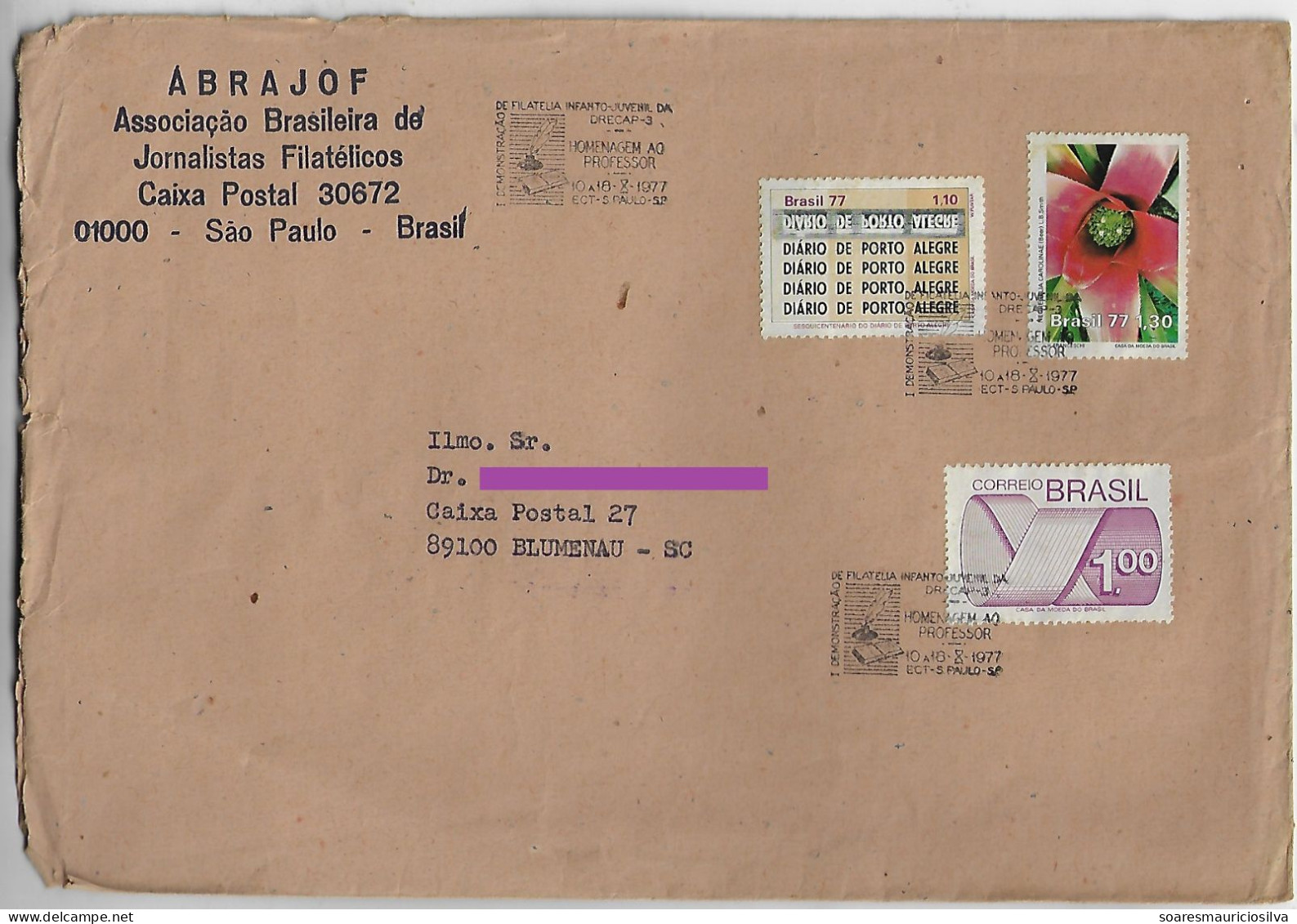 Brazil 1977 Cover From São Paulo To Blumenau 3 Stamp + Commemorative Cancel Youth Philately And Tribute To The Teacher - Brieven En Documenten