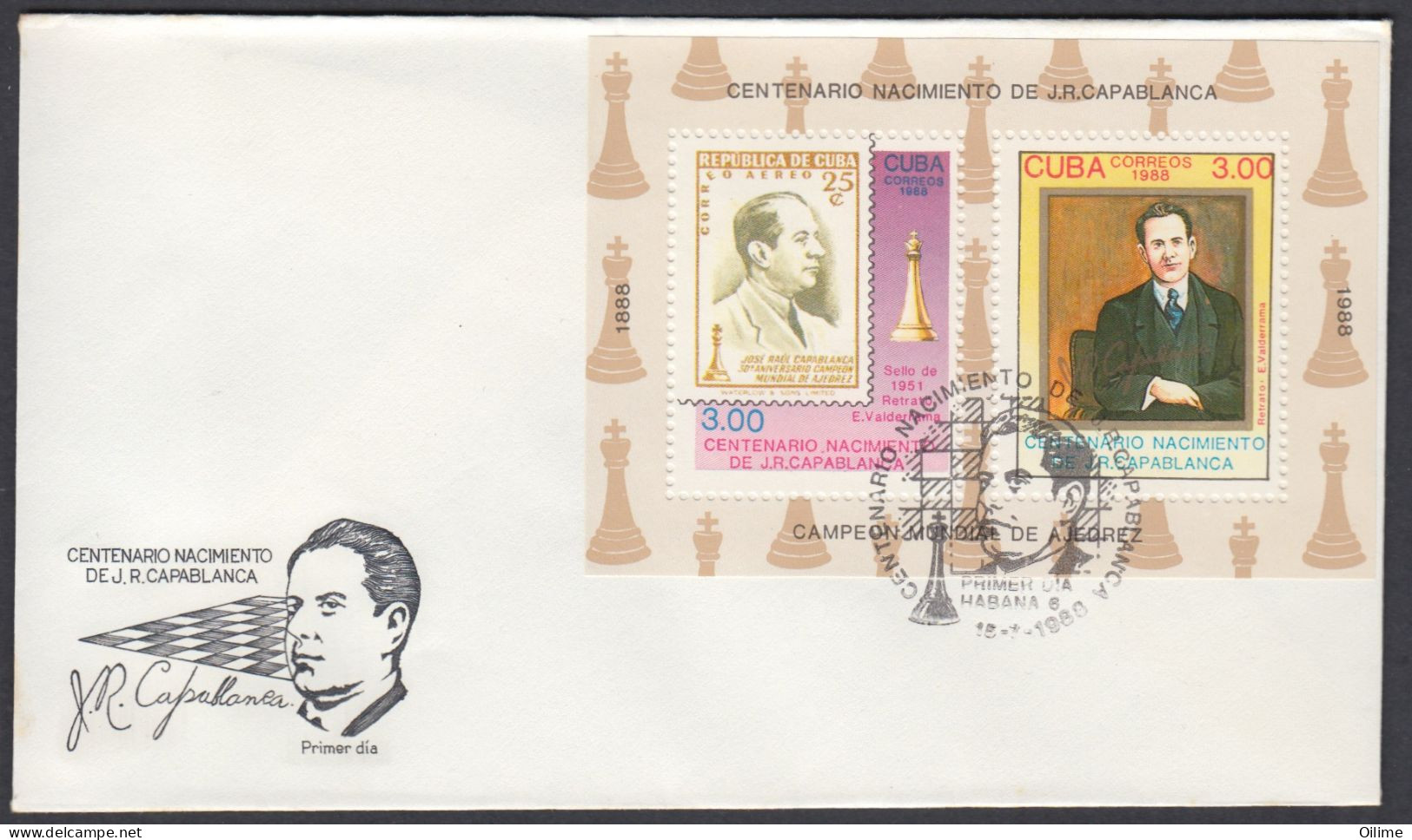 FDC CUBA 1988. CENTENARIO NACIMIENTO CAPABLANCA. AJEDREZ. CHESS EDIFIL 3370/75  J. CORZO, ENMANUEL LASKER - FDC