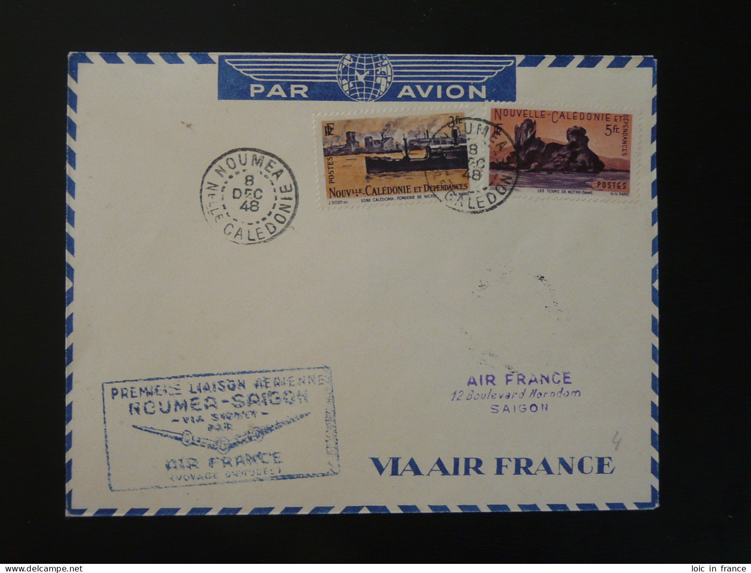 Lettre Premier Vol First Flight Cover Nouvelle Calédonie --> Saigon Vietnam Air France 1948 - Cartas & Documentos