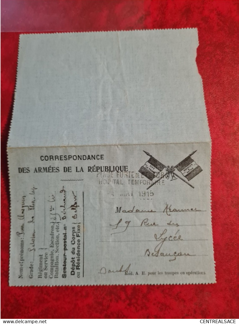 CARTE CORRESPONDANCE DES ARMEES FLAMME BELFORT HOPITAL TEMPORAIRE POUR BESANCON 1915 - Other & Unclassified