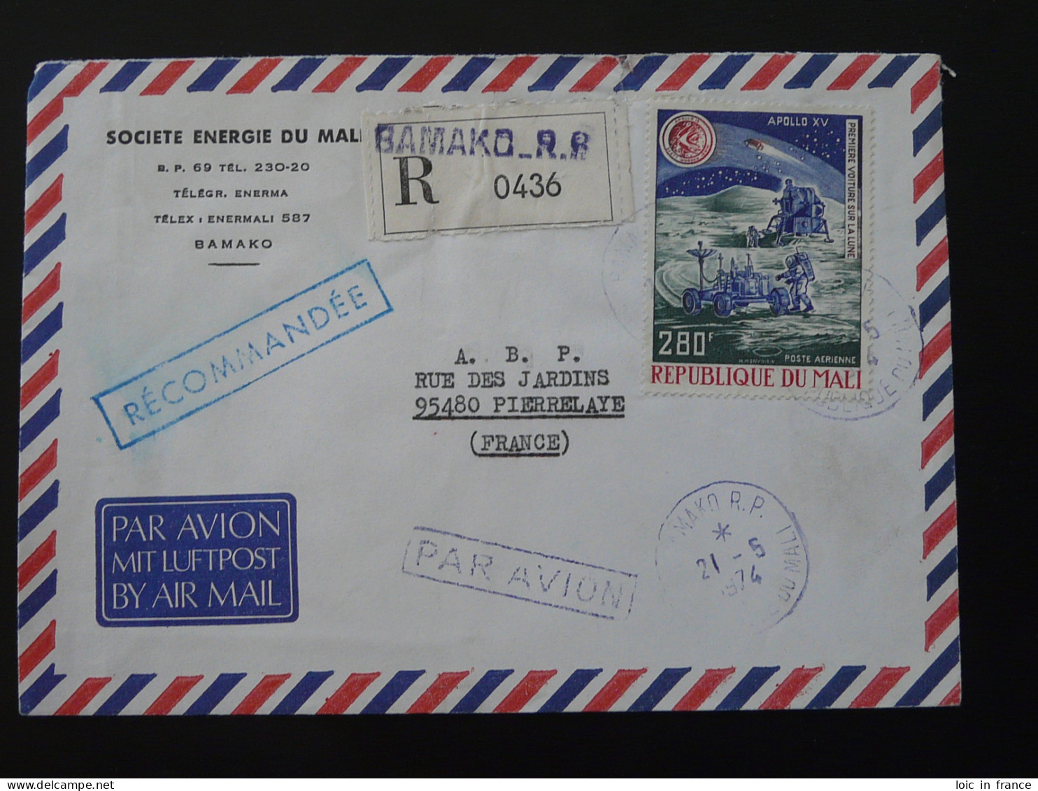 Lettre Recommandée Registered Cover Espace Space Apollo XV Lune Moon Mali 1974 - Africa