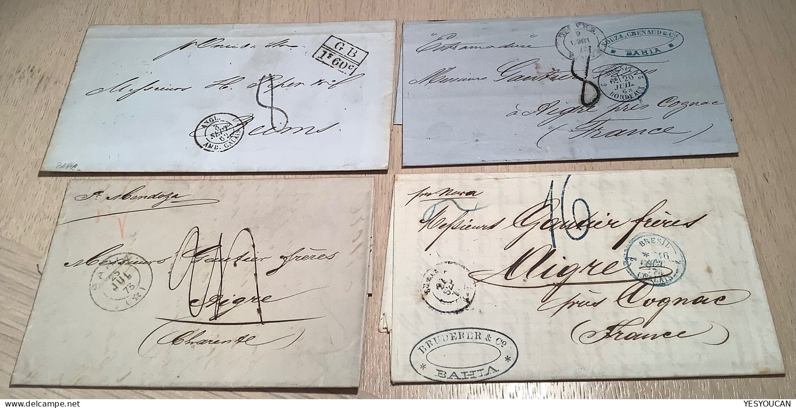 BAHIA Four Different Entire Stampless Letters 1862-1874 To Aigre Cognac & Reims France (Brazil Brasil Prephilately Cover - Lettres & Documents