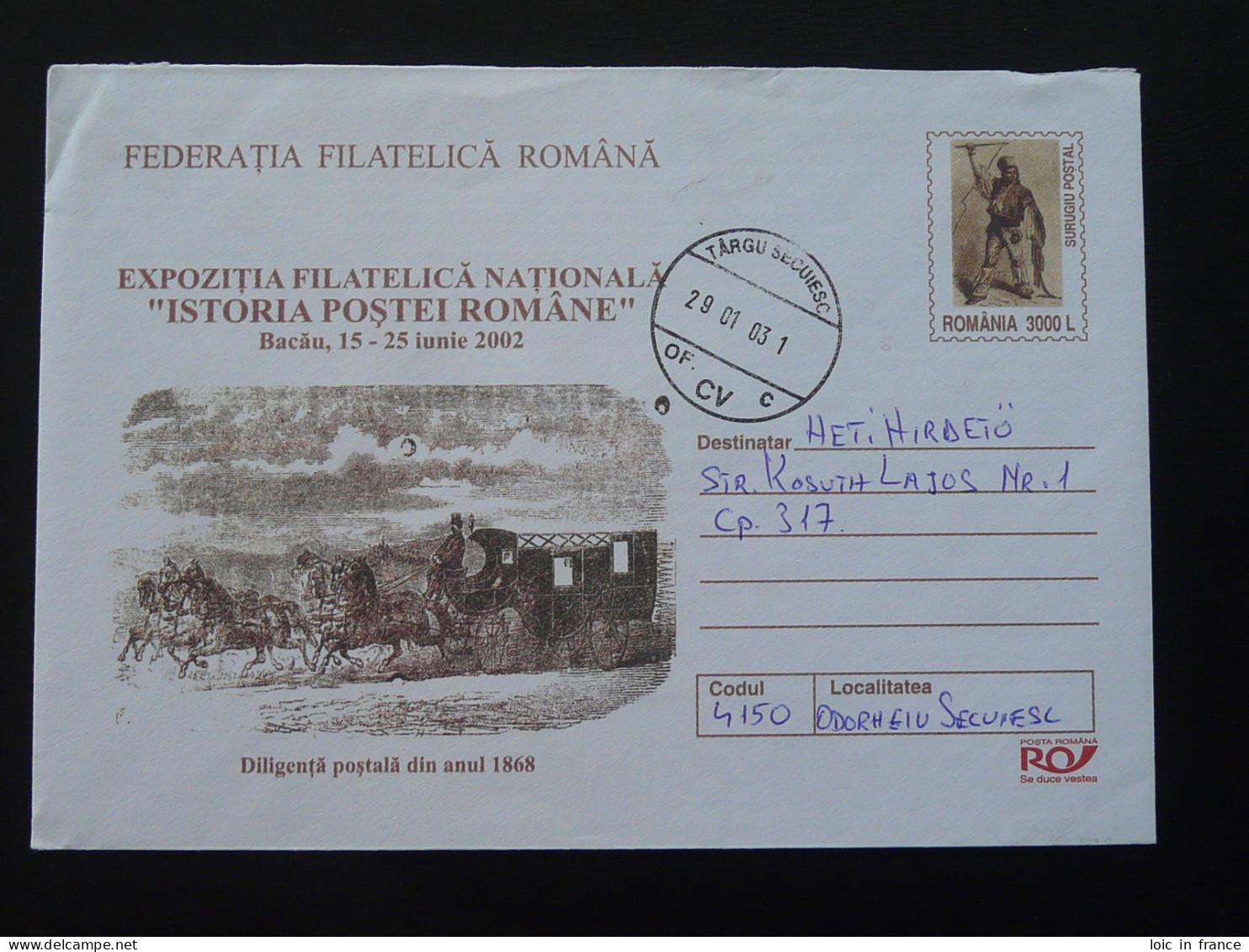 Entier Postal Stationery Diligence Histoire Postale Roumanie Romania 2002 - Postkoetsen