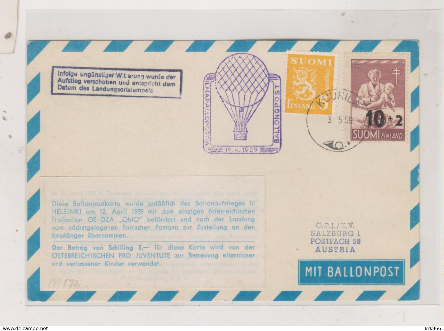 FINLAND 1959 KUURILA BALLOON MAIL Nice Postcard To Austria - Briefe U. Dokumente