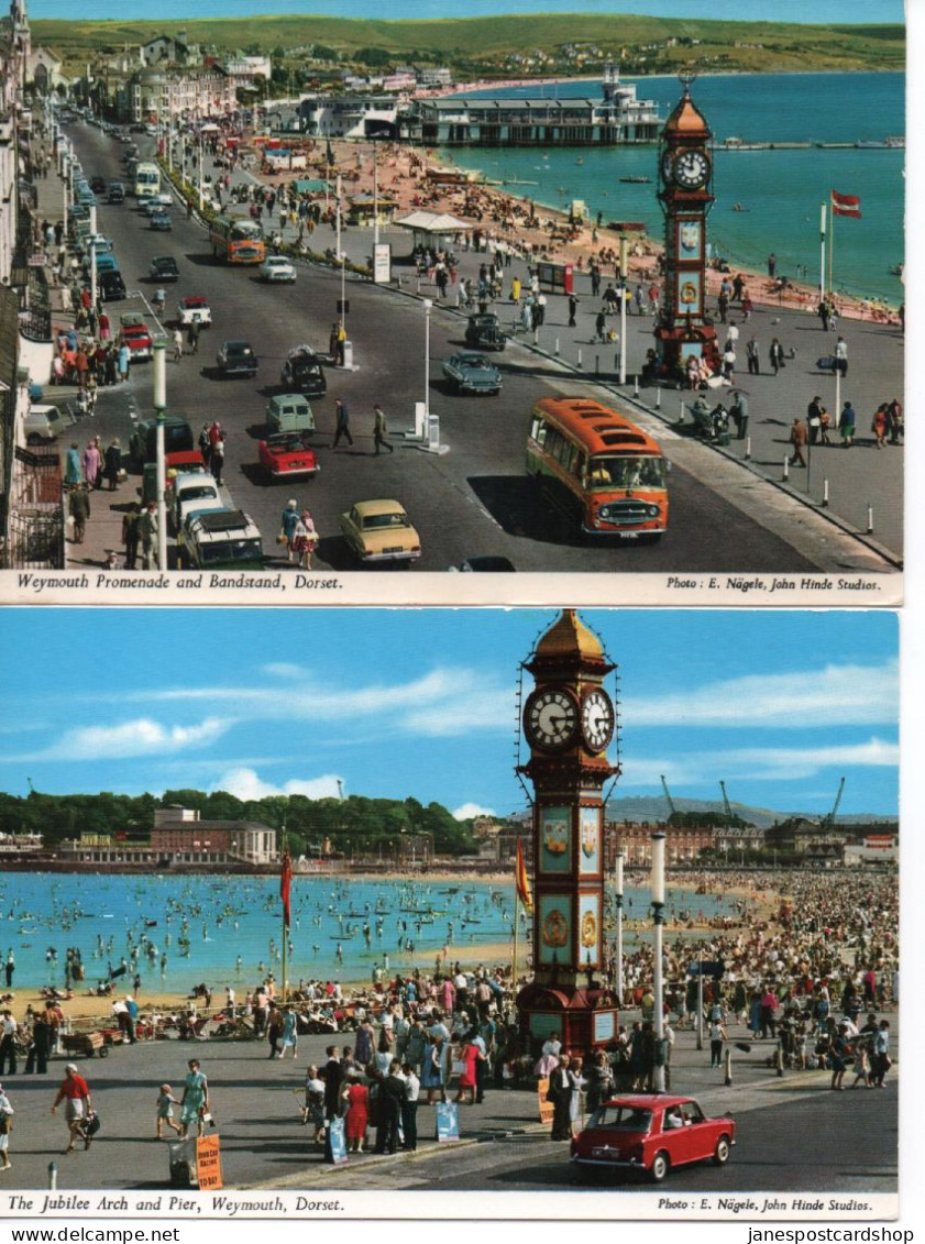 TWO POSTCARDS OF WEYMOUTH PROMENADE DORSET 1977 - VARIOUS TRANSPORT - TRIUMPH CARS - COACHES ETC - Weymouth