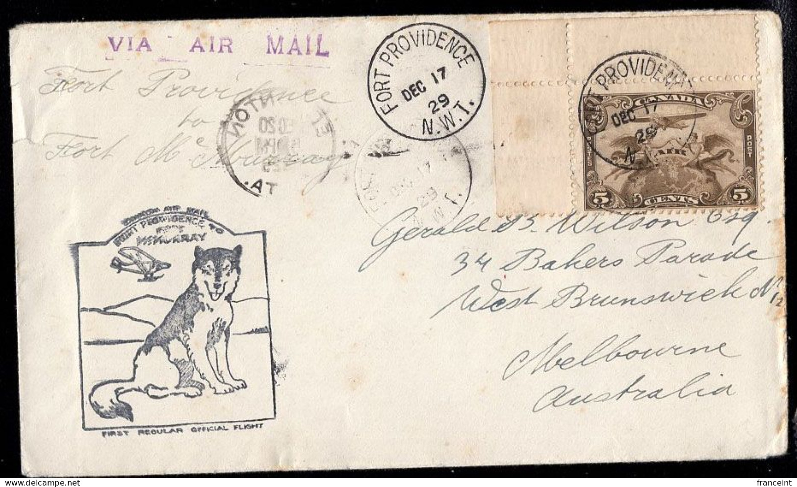 CANADA(1929) Husky. Mail Plane. First Flight Cover Fort Providence To Fort McMurray With Delightful Cachet, Franked With - Erst- U. Sonderflugbriefe