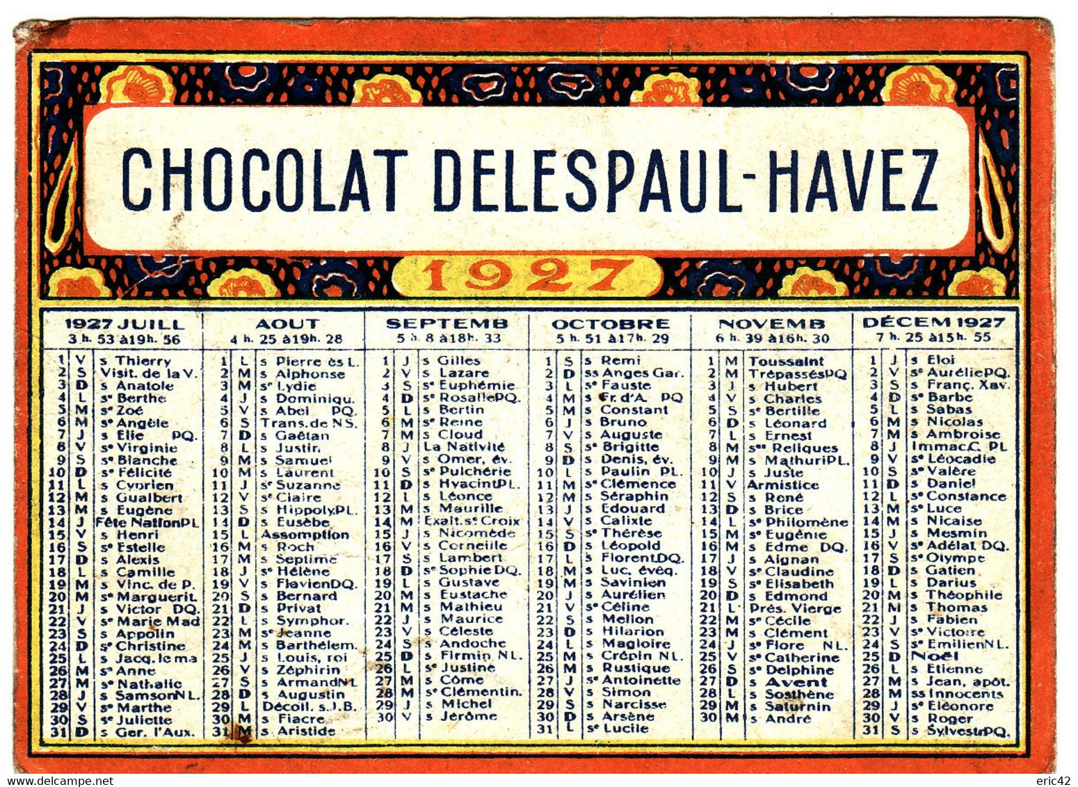 CALENDRIER PUBLICITAIRE **Chocolat Delespaul-Havez 1927** 2 Scans - Small : 1921-40