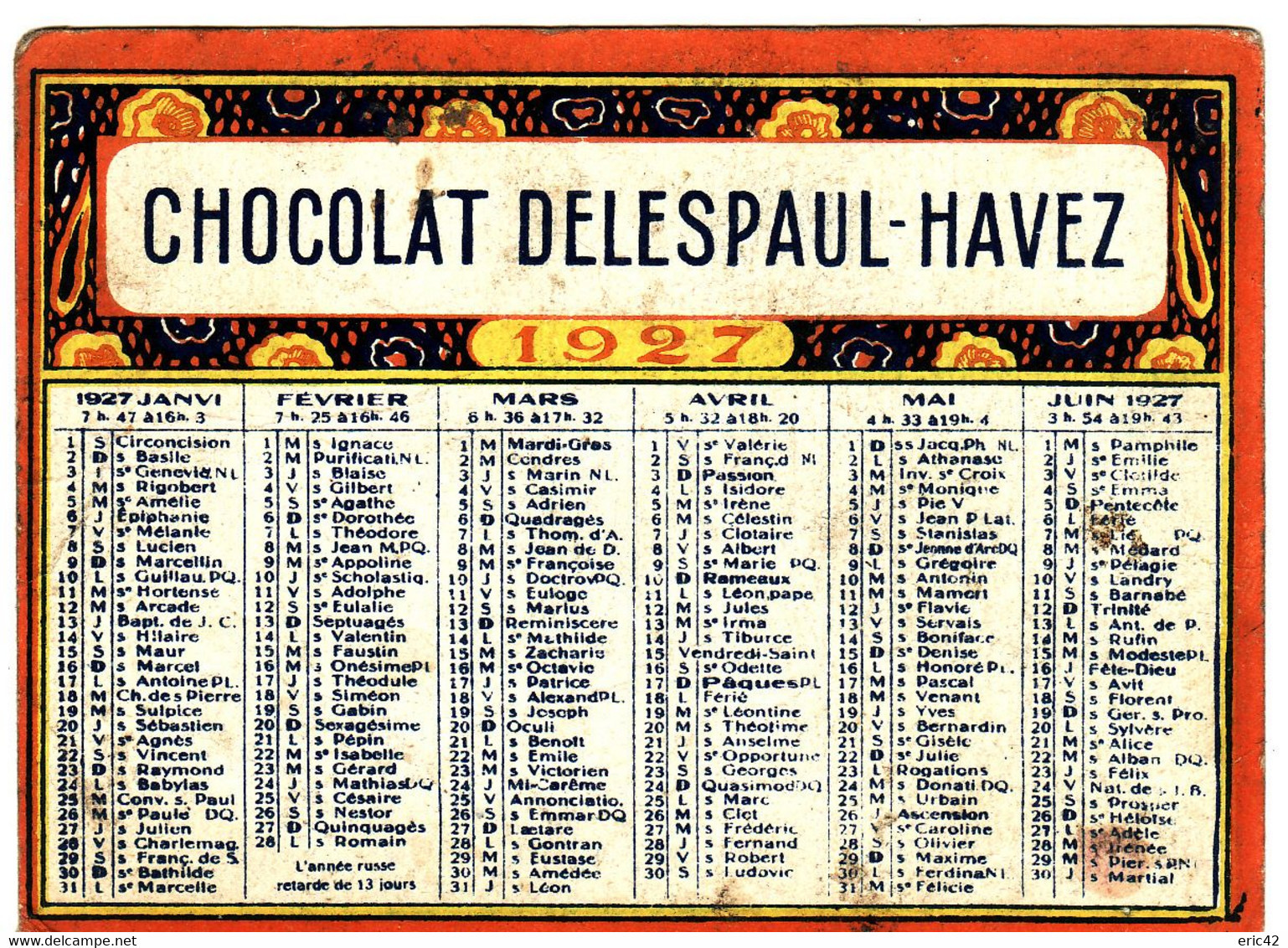 CALENDRIER PUBLICITAIRE **Chocolat Delespaul-Havez 1927** 2 Scans - Small : 1921-40