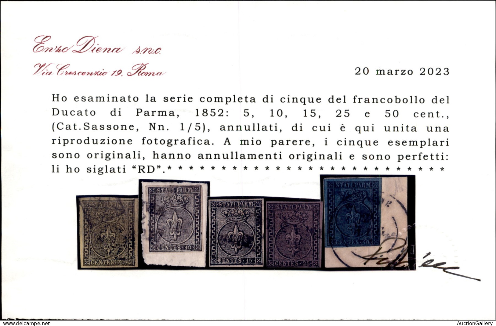 Antichi Stati Italiani - Parma - 1852 - Prima Emissione (1/5) - Serie Completa Usata - Cert. R. Diena - Otros & Sin Clasificación