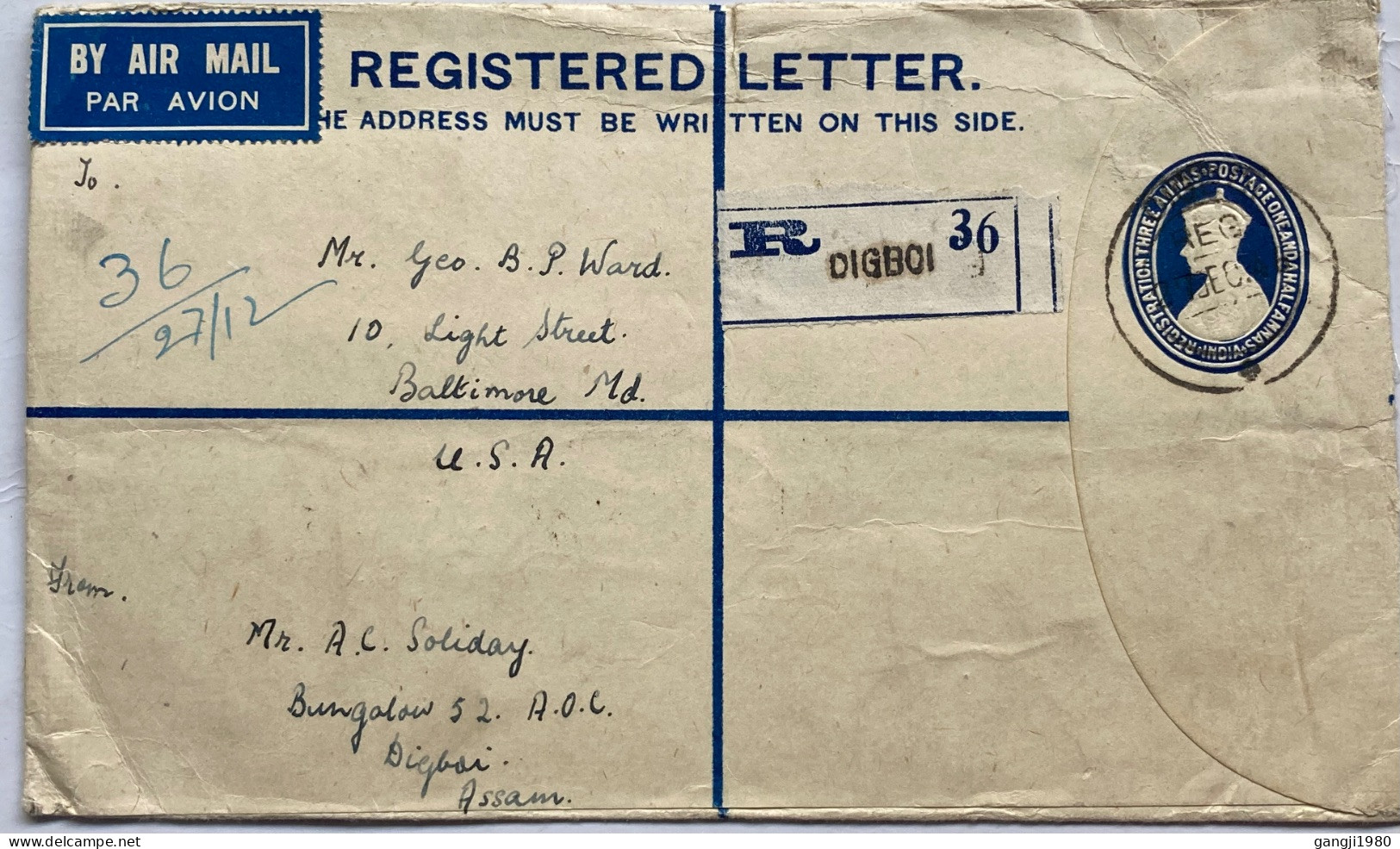 INDIA 1946, STATIONERY REGISTER COVER, USED TO USA, AIRPLANE,KING, 6 STAMP DIGBOI CITY ASSAM STATE, ERROR NO YEAR IN BAL - Briefe U. Dokumente