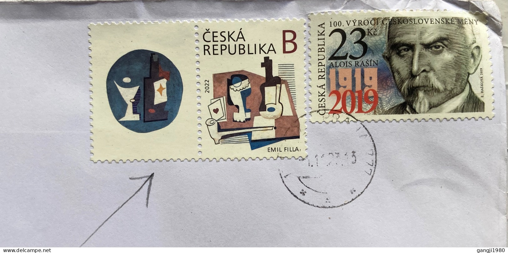 CZECH REPUBLIC 2023, COVER USED TO INDIA, 2022 EMIL PHILA, ART, PAINTING, MUSIC, EXTRA TAB, 2019  ALOIS RASIN FINANCE MI - Covers & Documents