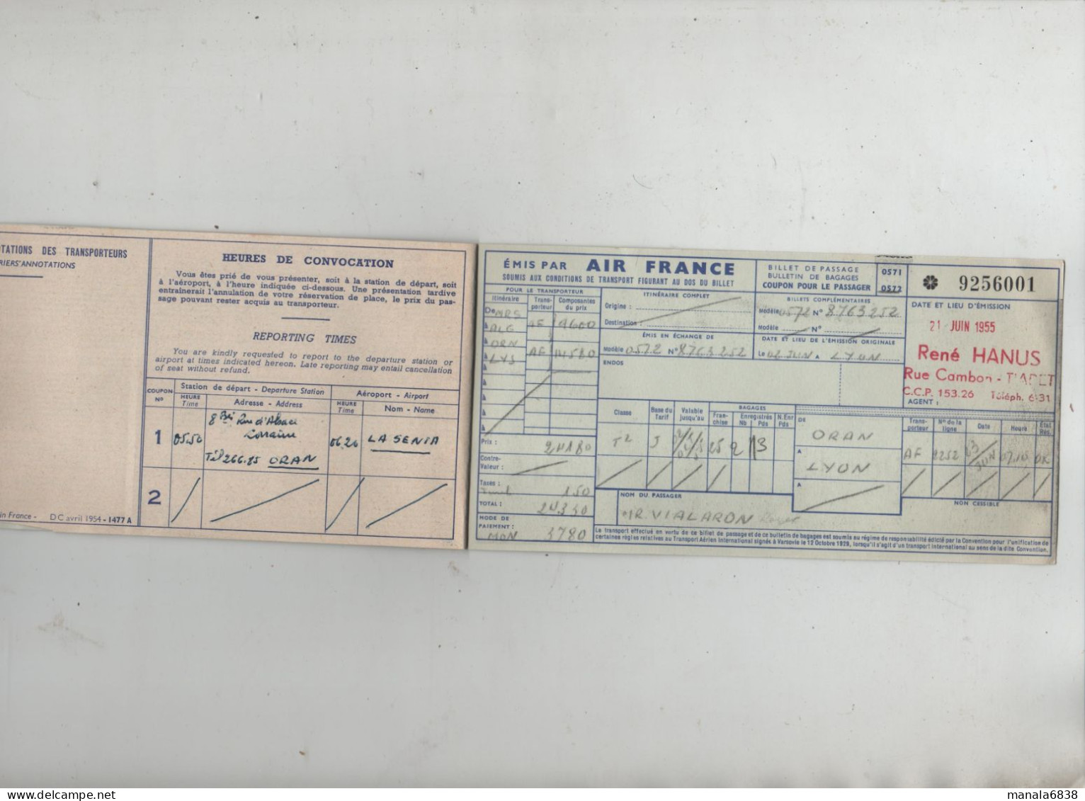 Billet Air France Oran La Senia Lyon 1955 Hanus Vialaron - Andere & Zonder Classificatie