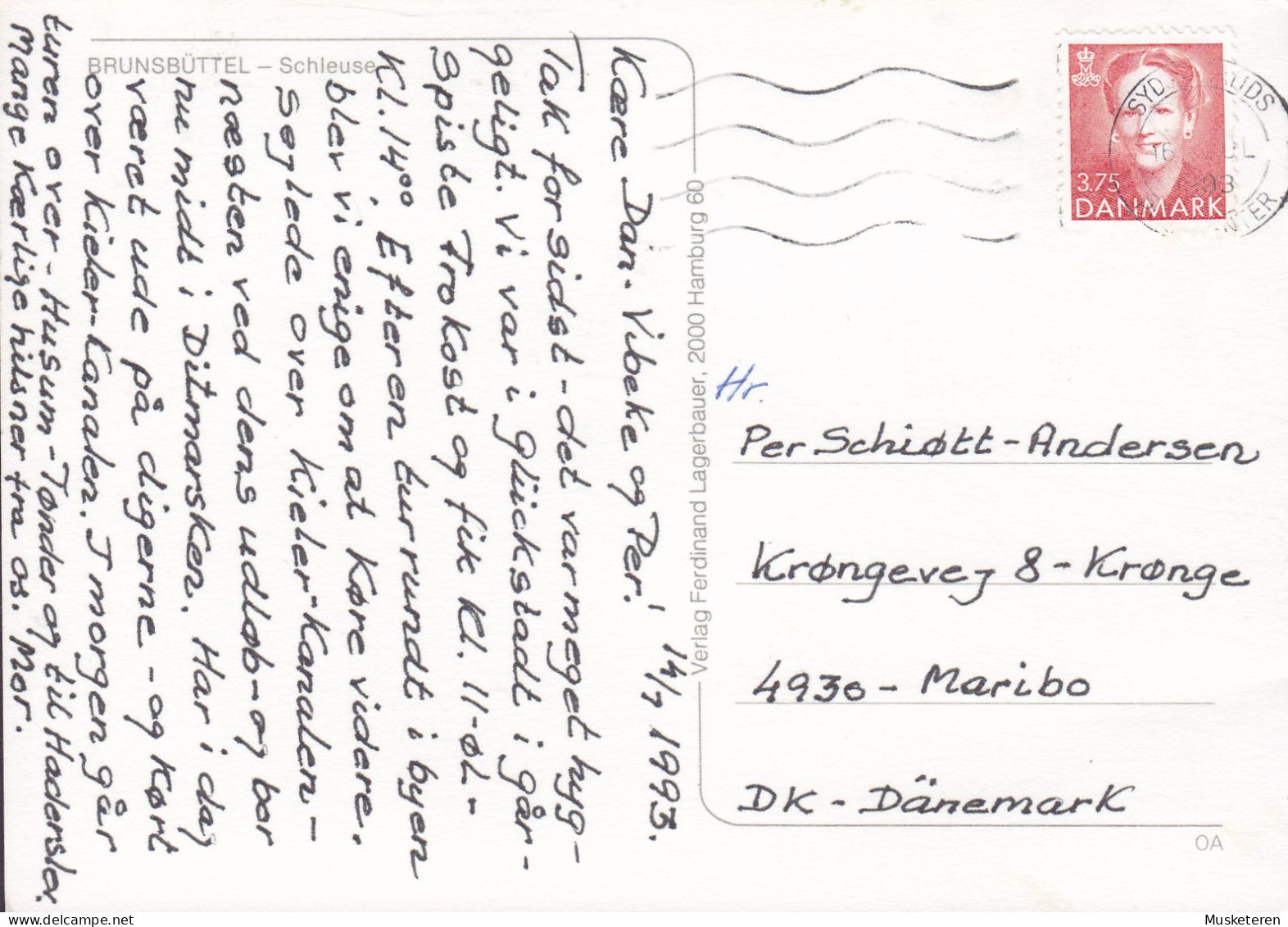 Germany PPC Brunsbüttel Schleuse Ship Schiff 'GUNILLA' Verlag Ferdinand Lagerbauer Postally Used Denmark 1993 (2 Scans) - Brunsbuettel