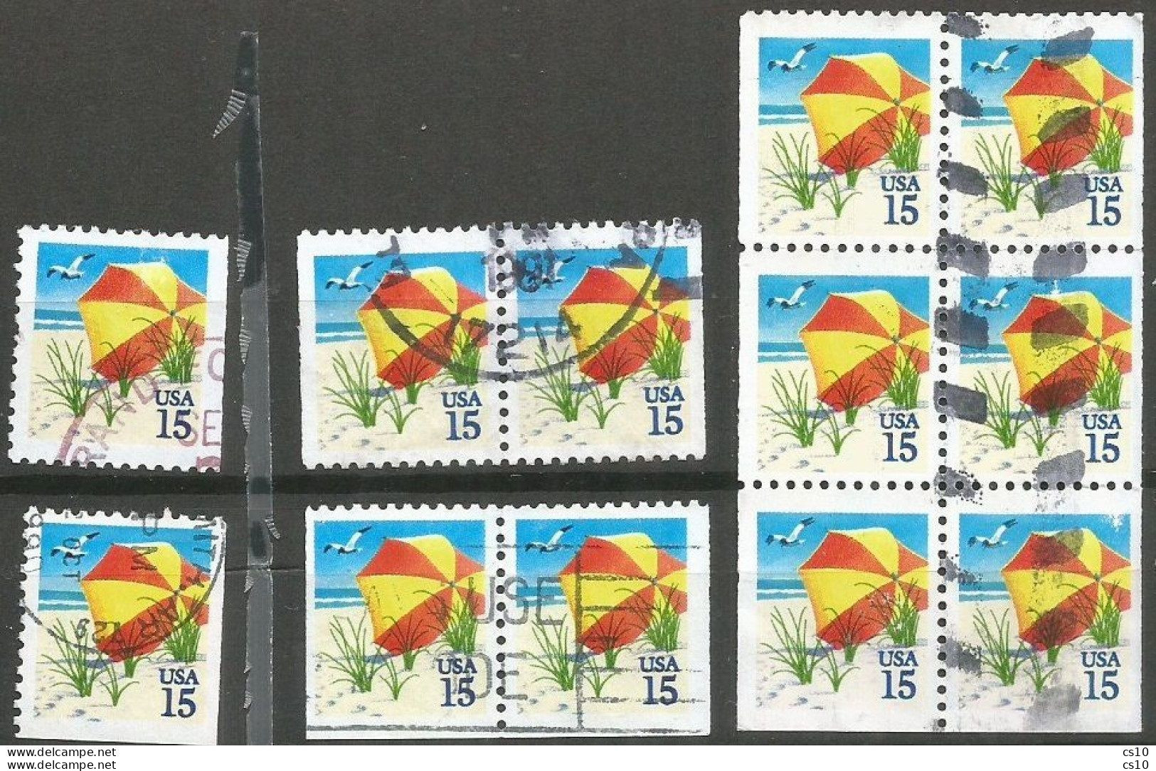 USA 1990 Beach Umbrella C.15 SC:#2443 Cpl Issue From Booklet : Singles, 3+3 & 2+2 Pairs + Pane 6 Pcs - 1981-...