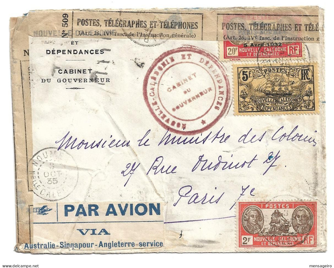 (C03) - LETTRE AVION REPAREE CABINET GOUVERNEUR => MINISTRE COLONIES 1935 - MENTION MANUSCRITE AU DOS - Cartas & Documentos