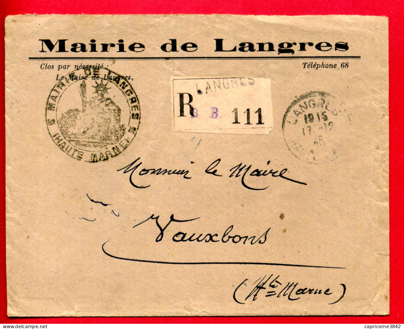 1948 - Lettre Recommandée De La Mairie De Langres Pour Vauxbons - Envoyée En Franchise - Civil Frank Covers