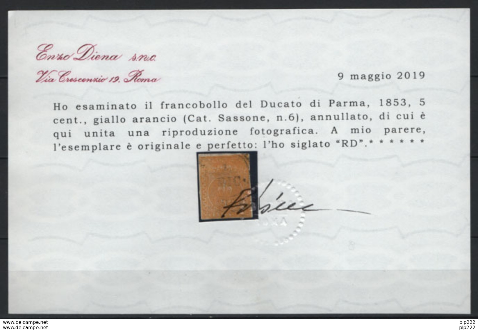 Parma 1853 Sass.6 O/Used VF/F - Cert R.Diena - Parma