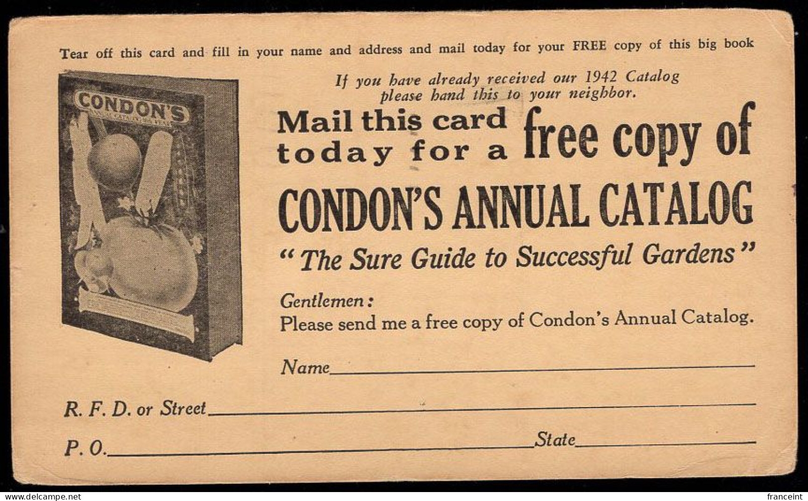U.S.A.(1942) Vegetables. Postal Card With Illustrated Ad For Condon's Annual Garden Catalog. - 1941-60