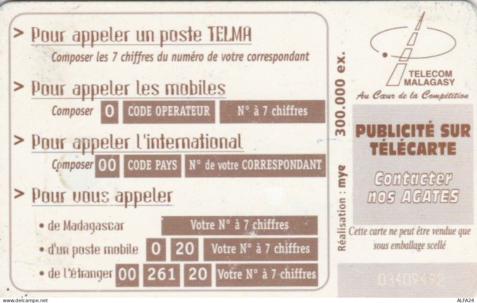 PHONE CARD MADAGASCAR (E59.19.3 - Madagaskar