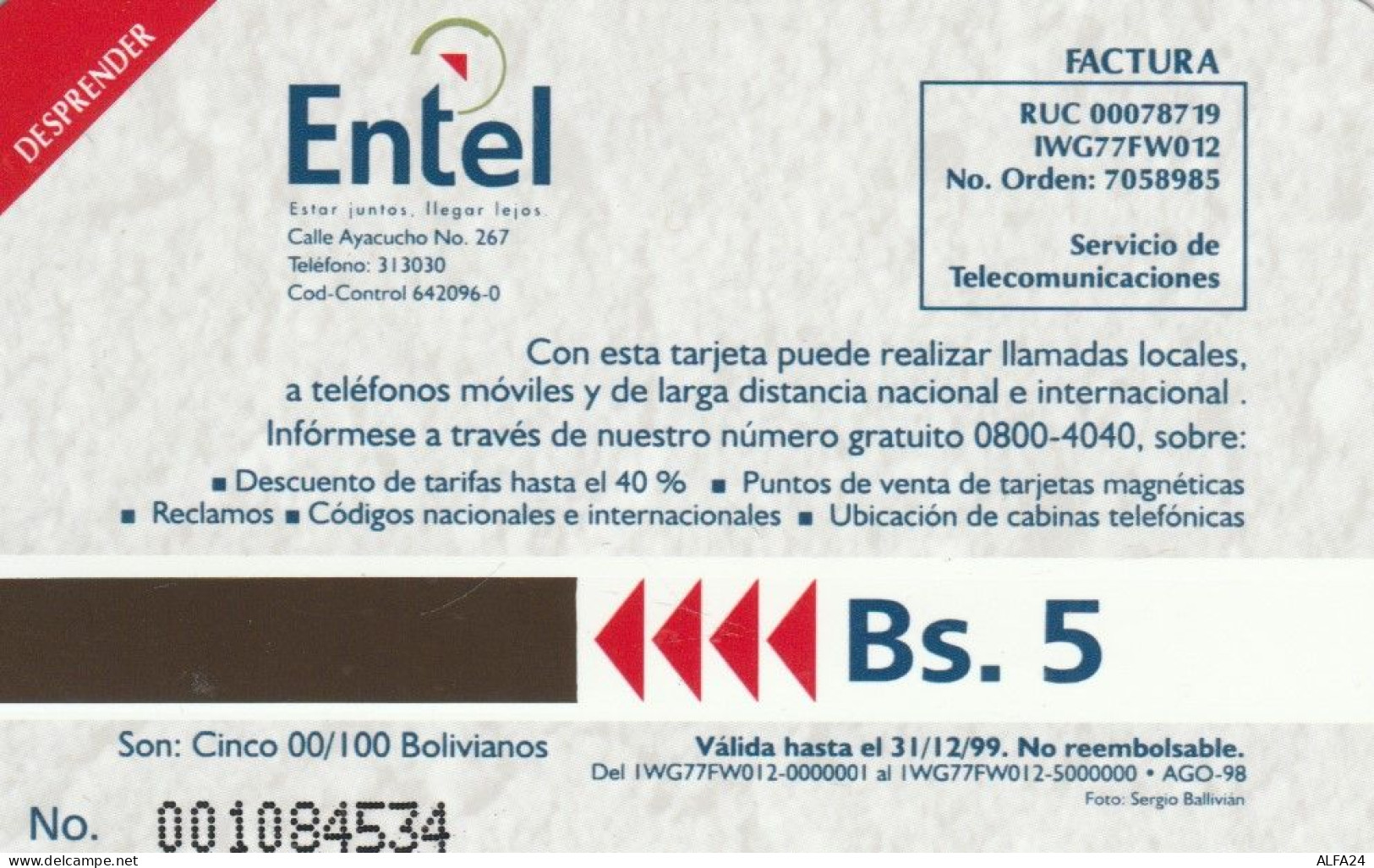 PHONE CARD BOLIVIA URMET NEW (E79.18.5 - Bolivia