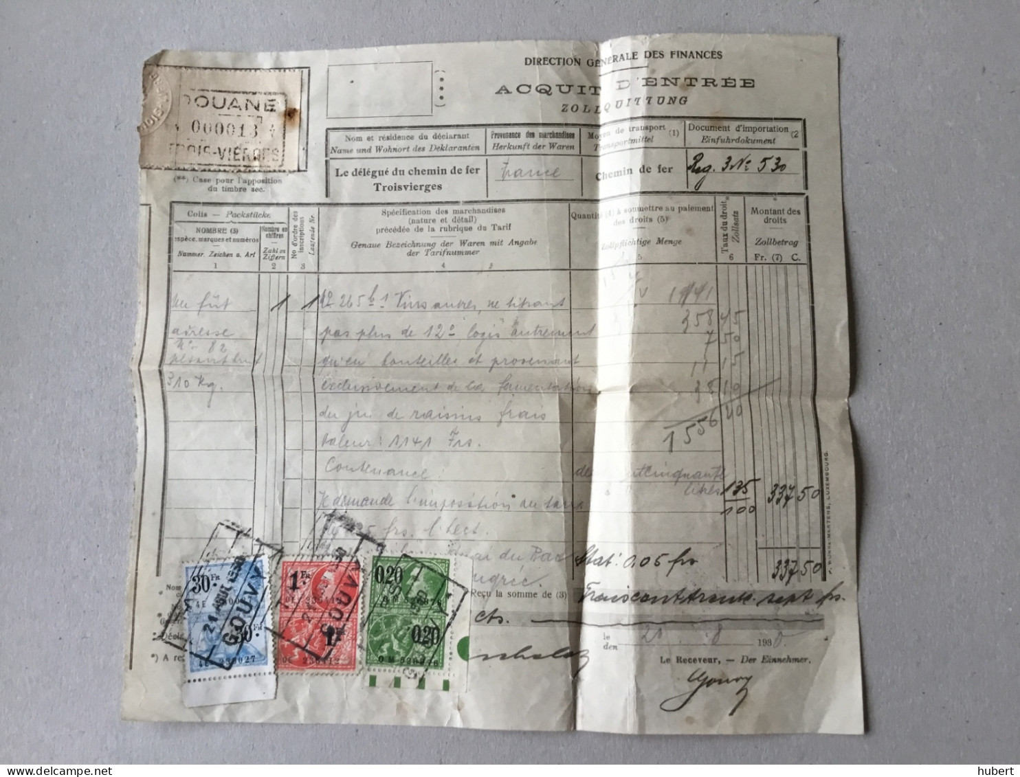 Vignette Douane Troisvierges Sur Document Transport Chemin De Fer - Revenue Stamps