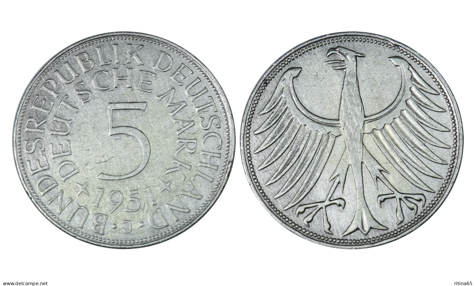 GERMANIA 5 MARK 1951 J IN ARGENTO KM# 112 - 5 Marchi