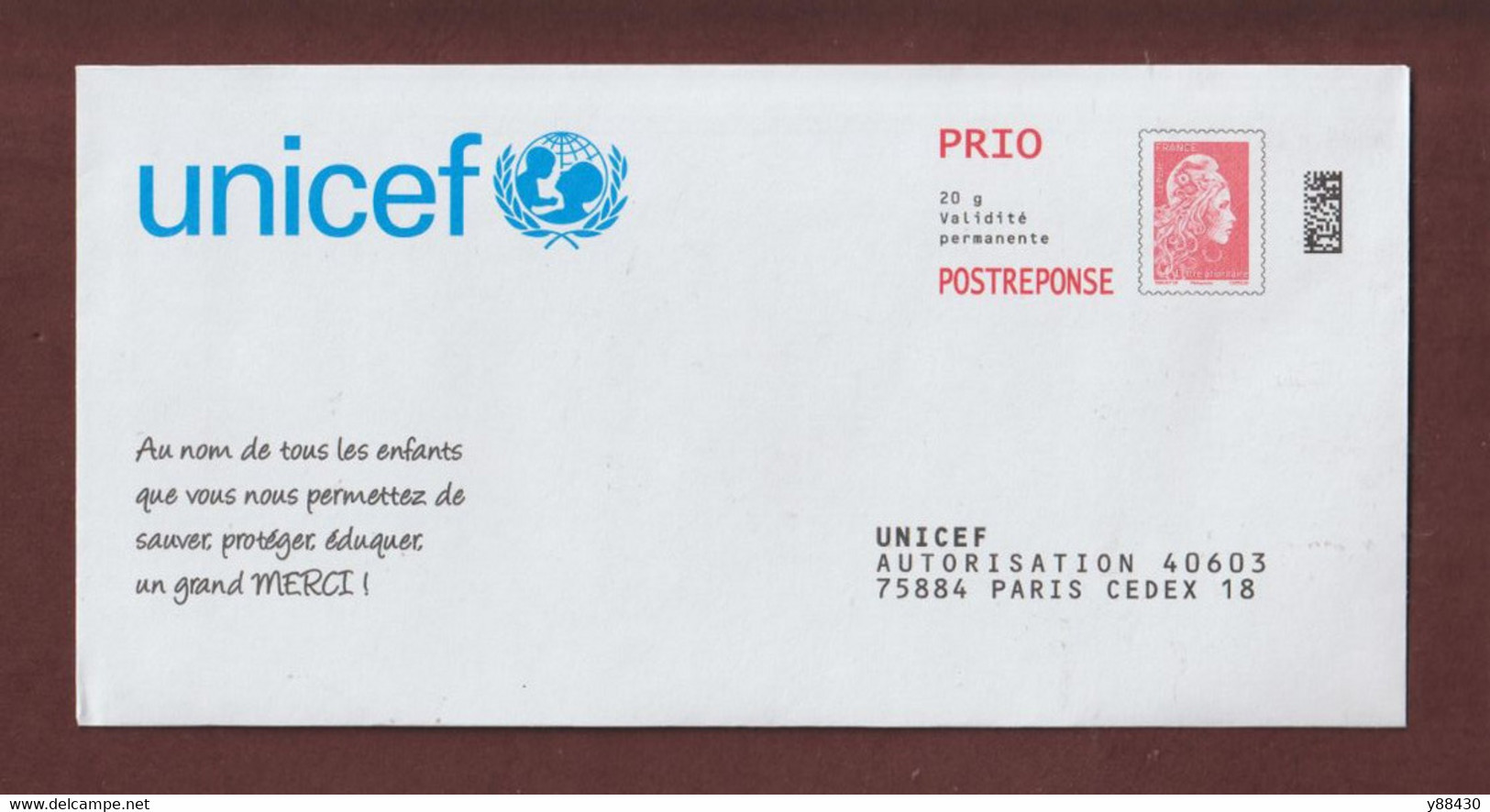 PAP - UNICEF à PARIS CEDEX 18 - N° Au Dos: 299214 - Neuf ** -  Prioritaire - Repiquage Marianne L' Engagée - 2 Scan - Prêts-à-poster:Answer/Marianne L'Engagée