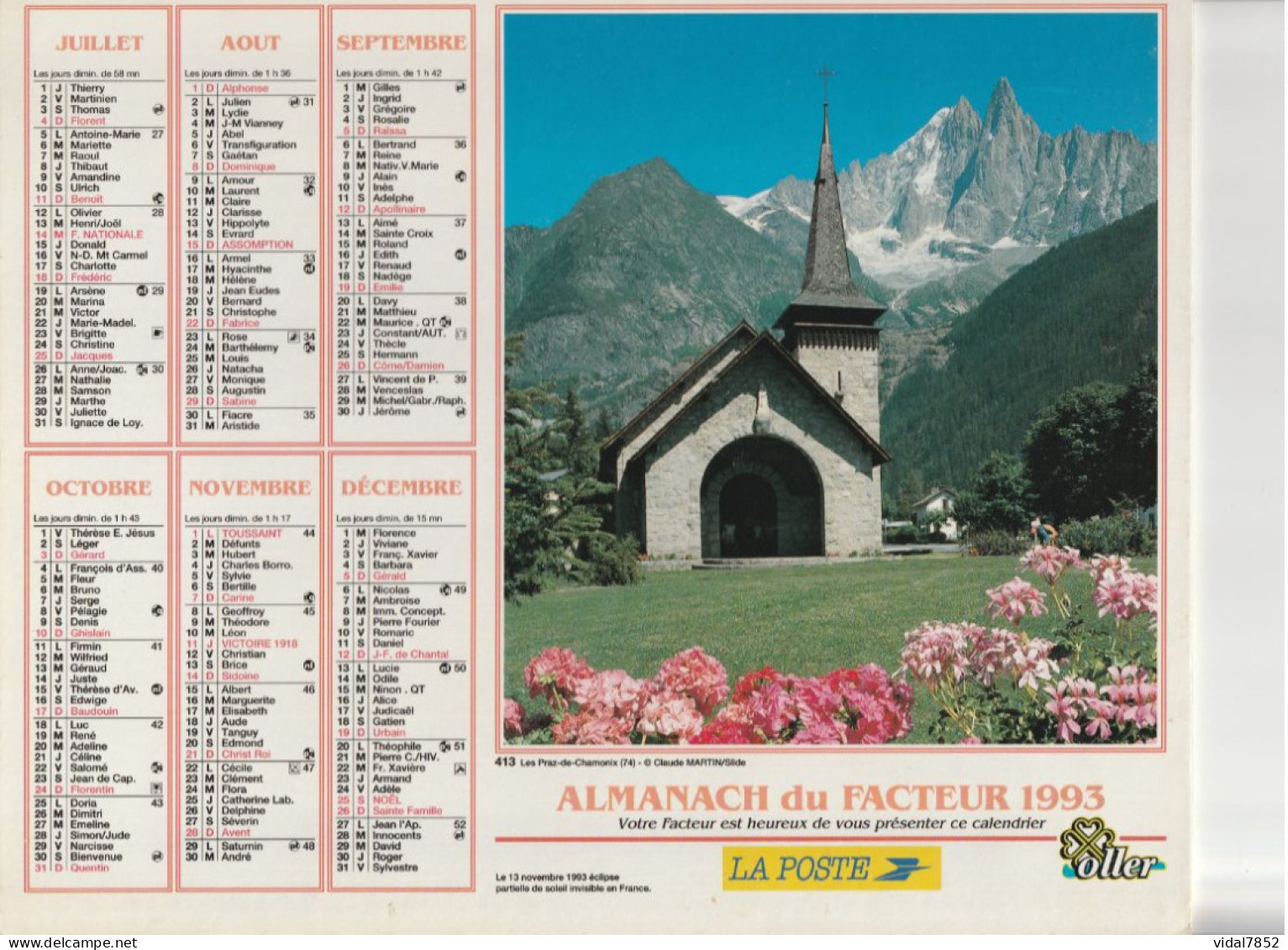 Calendrier-Almanach Des P.T.T 1993 -Bozel (73) Les Praz De Chamonix (74)- Département AIN-01-Référence 413 - Groot Formaat: 1991-00