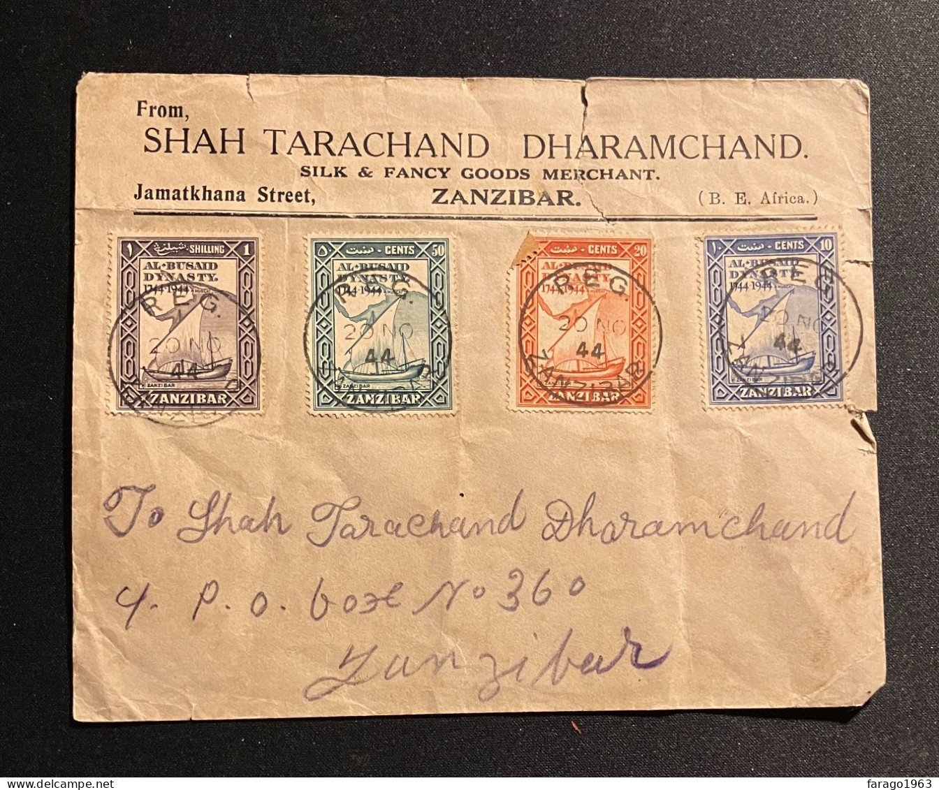 1944 Zanzibar Al-Busaid Dhows Local ADVERTISING First Day Cover To Zanzibar - Zanzibar (...-1963)