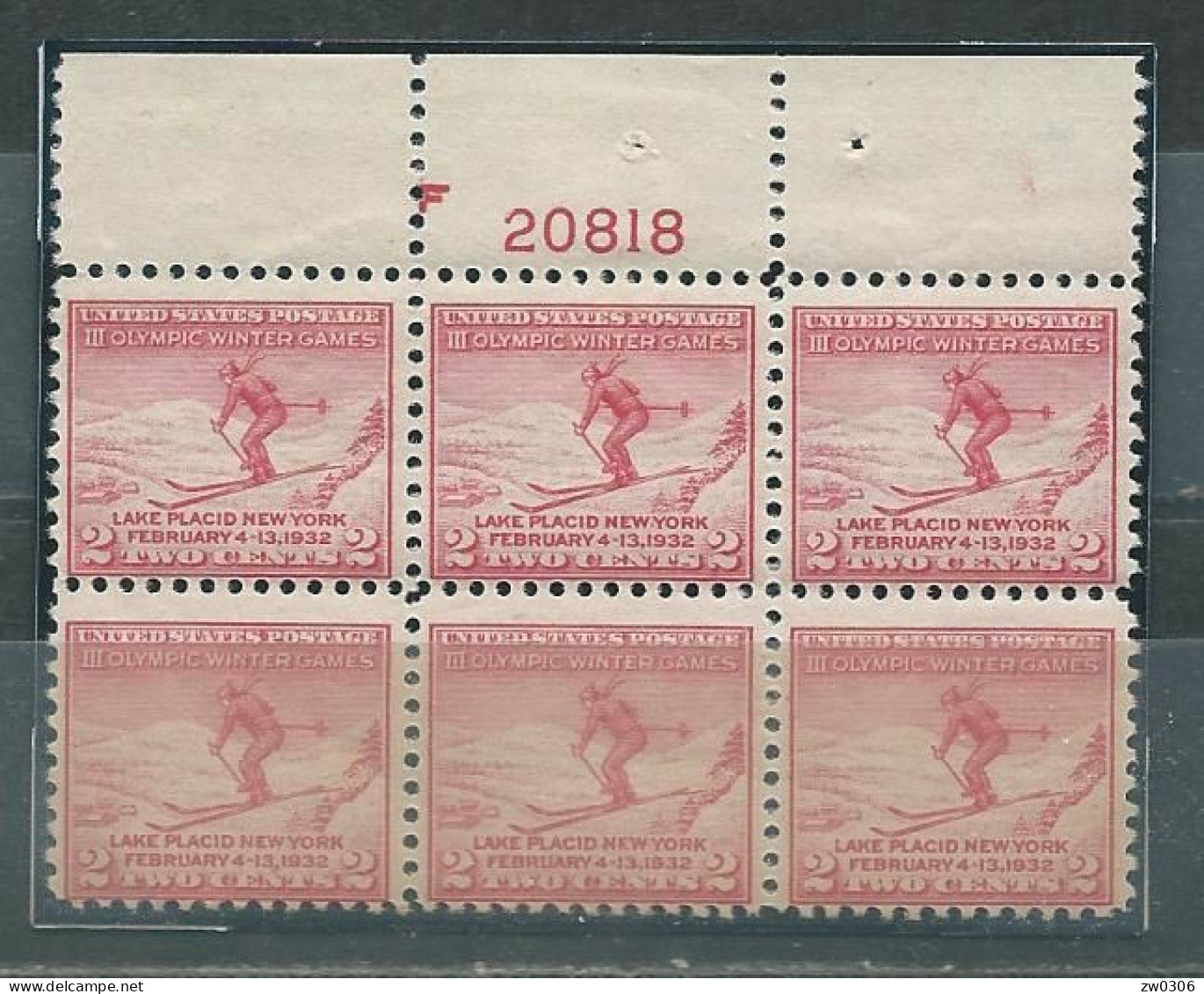 USA FDC Plateblock Skiing MNH F 20818 - Hiver 1932: Lake Placid