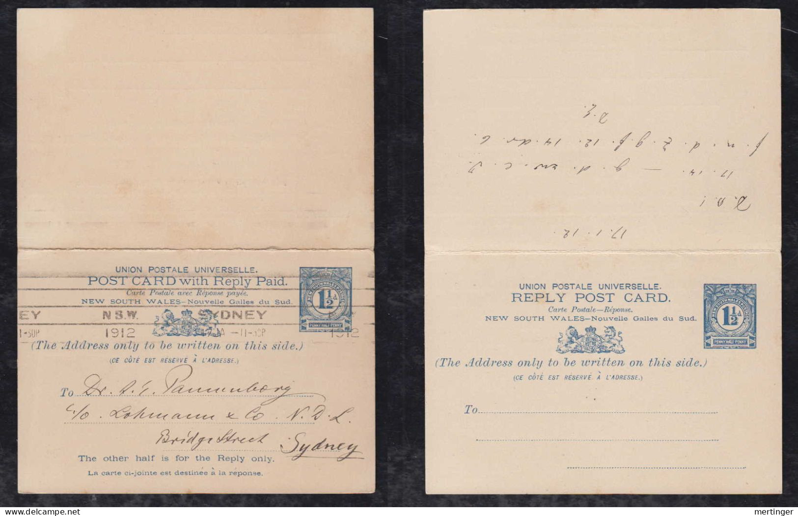 New South Wales Australia 1912 Question/Reply Stationery Postcard SYDNEY Local Use - Briefe U. Dokumente