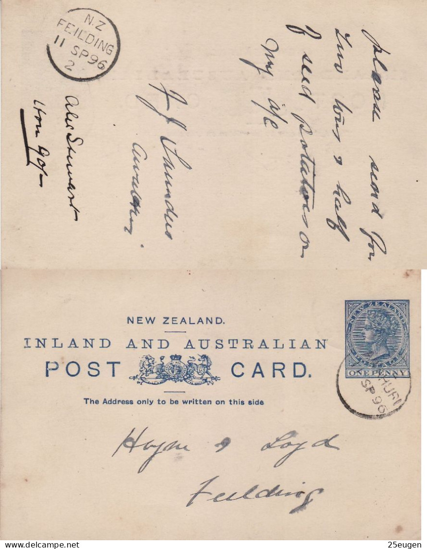 NEW ZEALAND 1896 POSTCARD SENT TO FIELDING - Cartas & Documentos