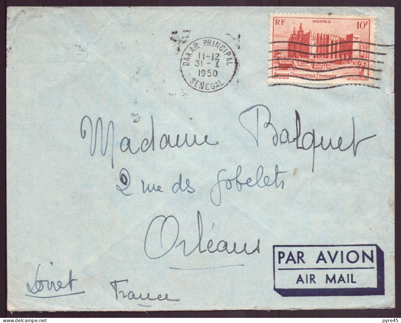 Sénégal, Enveloppe Du 31 Janvier 1950 De Dakar Pour Orléans - Otros & Sin Clasificación