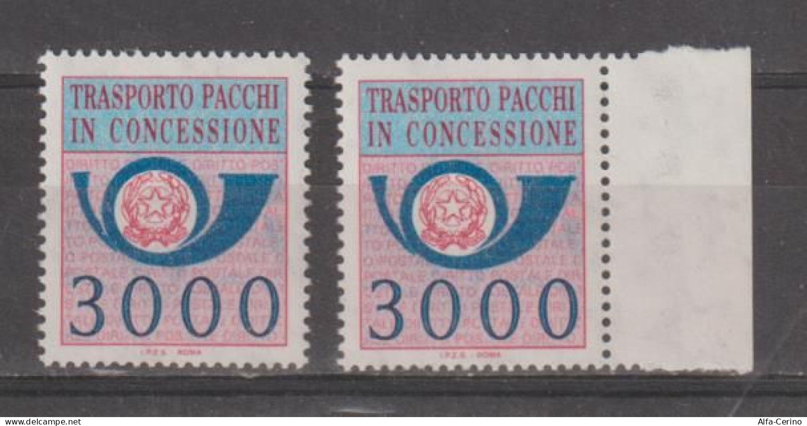 REPUBBLICA: 1984  PACCHI  IN  CONCESSIONE  -  £. 3.000  AZZURRO  E  ROSA  LILLA  N. -  RIPETUTO  2  VOLTE  - SASS. 22 - Colis-concession