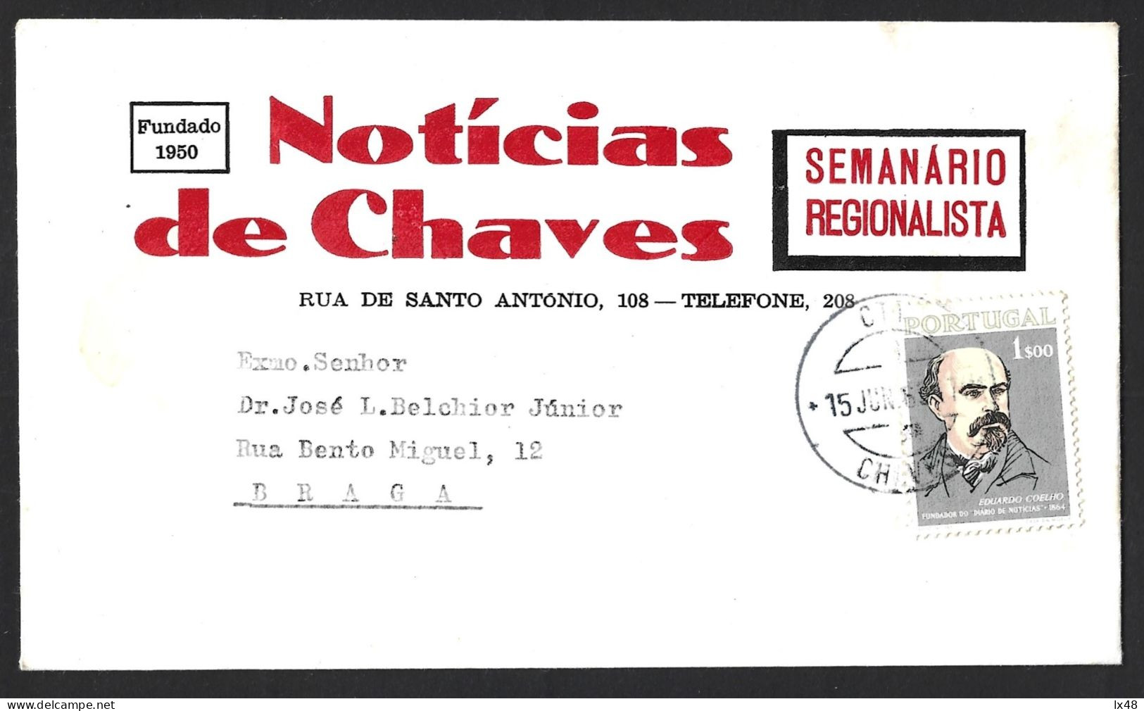 Carta Do Semanário Regionalista 'Notícias De Chaves', Stamp Eduardo Lourenço, Fundador Jornal Diário De Noticias. Chaves - Covers & Documents