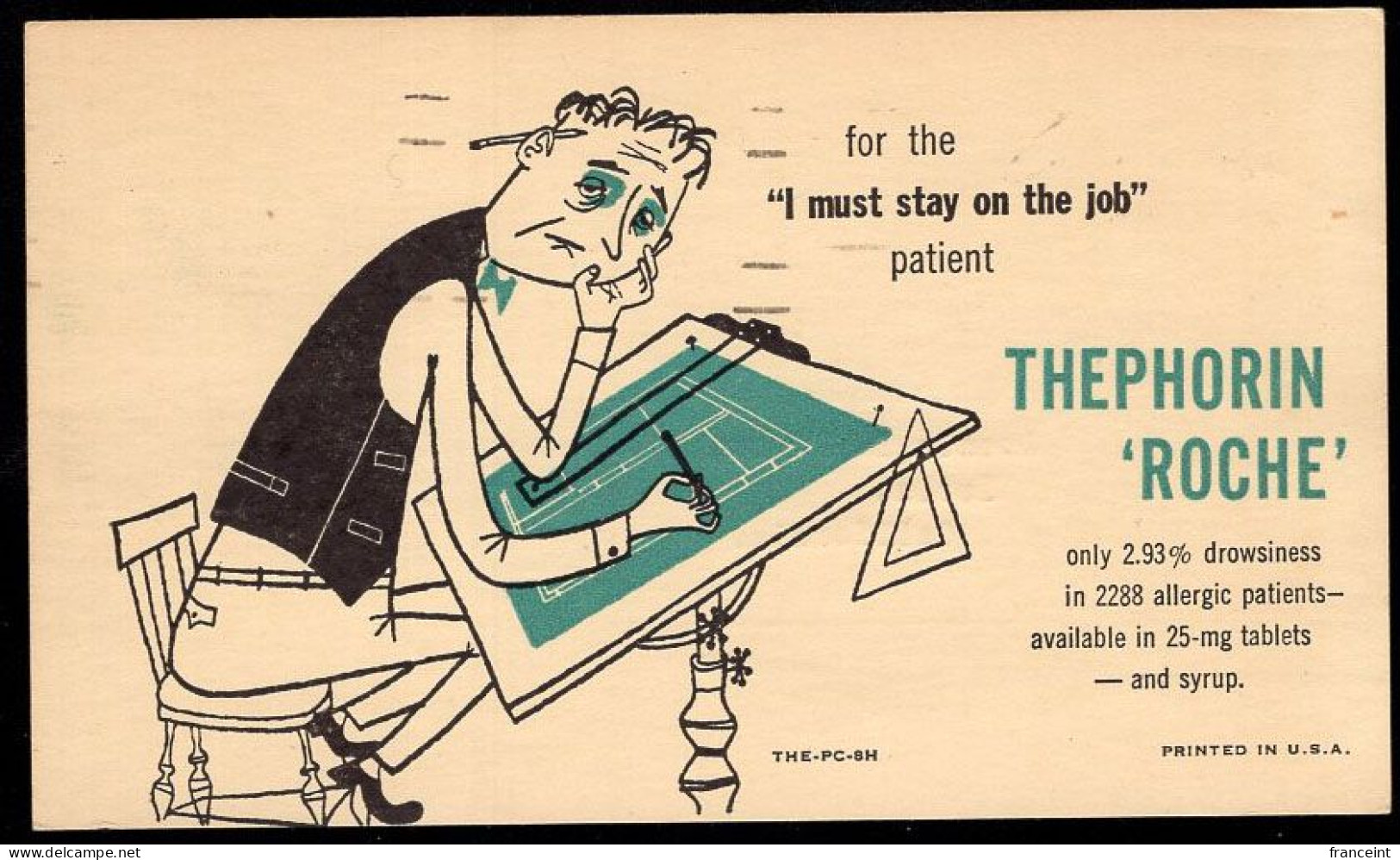 U.S.A.(1949) Man Falling Asleep Over Blueprint Drafting Table. Non-sedative Allergy Medicine. One Cent Bicolor Postal Ca - 1941-60