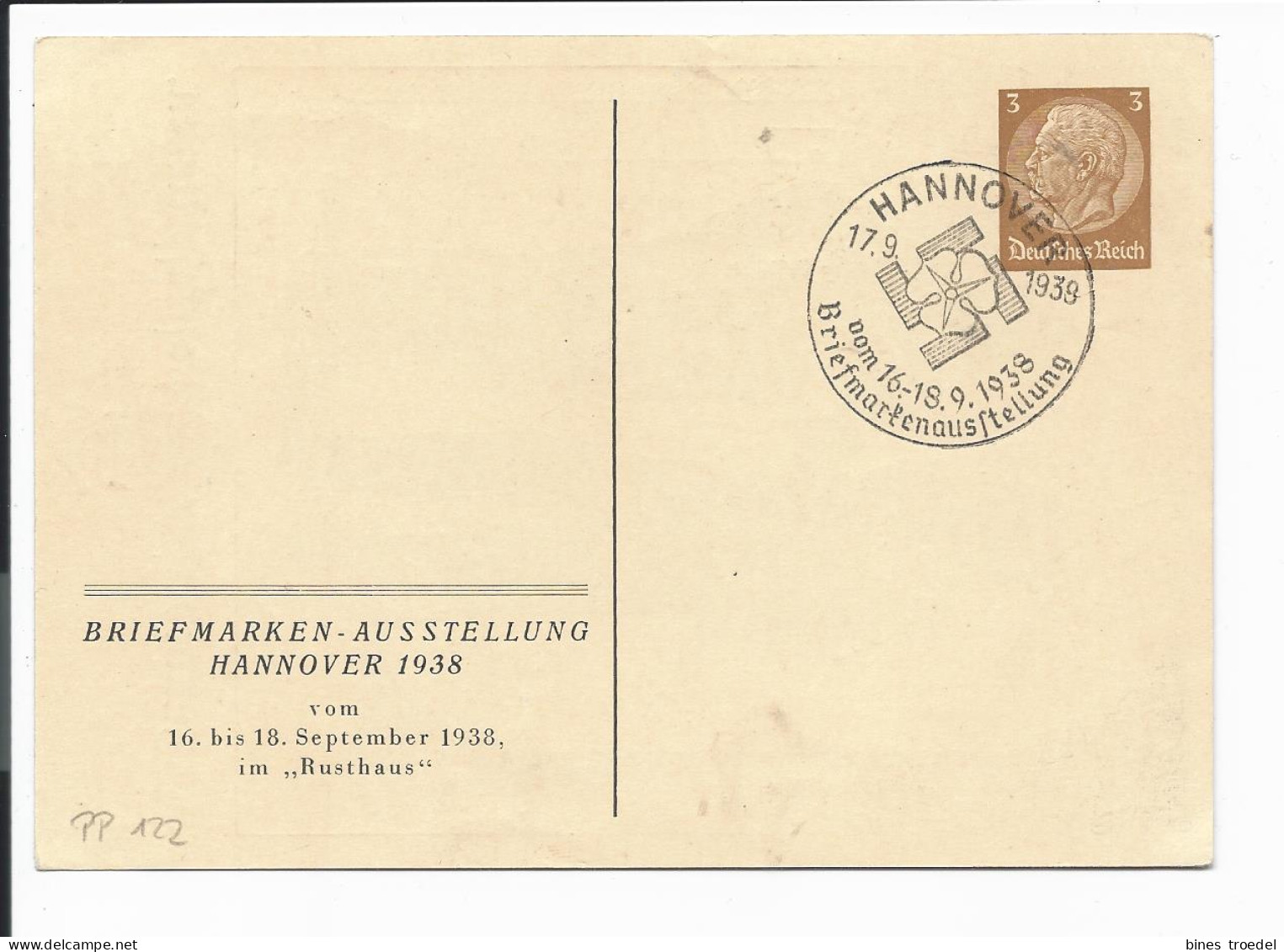 DR PP 122 C 96 -  3 Pf  Hindenburg Med. Hannover, Briefmarken-Ausstellung 1938 M. Blanko SST - Privat-Ganzsachen