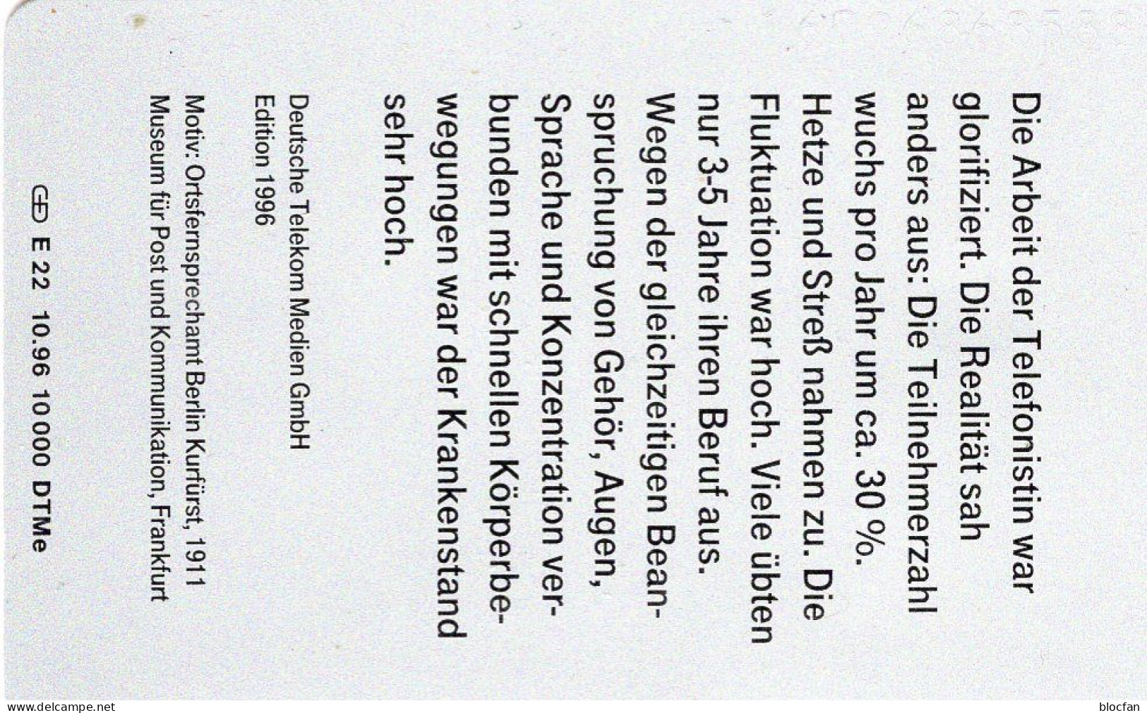 Telefonistin TK E22/1996 10.000 Expl.** 30€ Edition 6 Fernsprechamt In Berlin TC History Communication Phonecard Germany - E-Series : Edition - D. Postreklame
