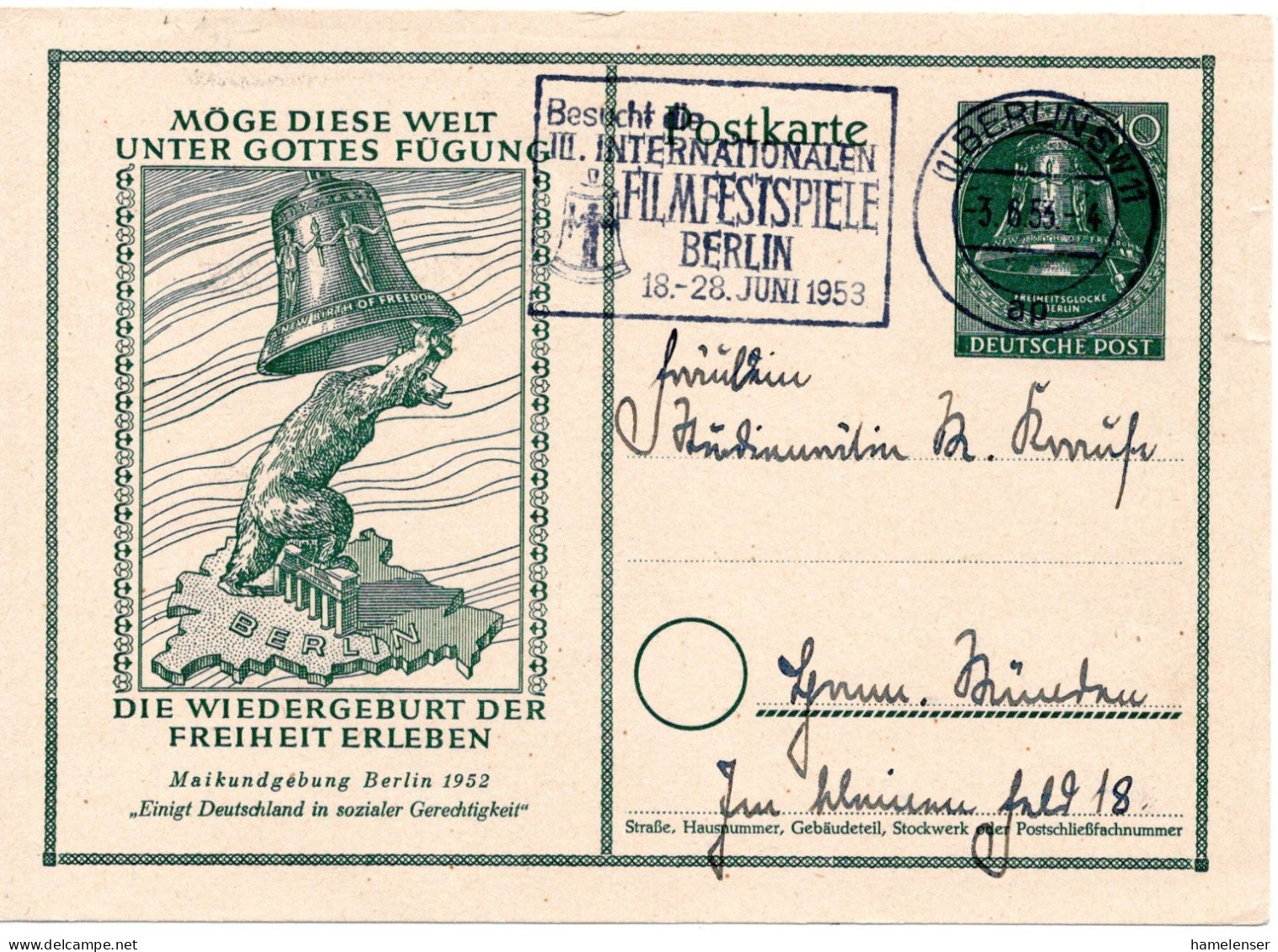 61401 - Berlin - 1953 - 10Pfg Maifeiertag GASoKte BERLIN - ... FILMFESTSPIELE ...-> Hannoversch Muenden - Lettres & Documents