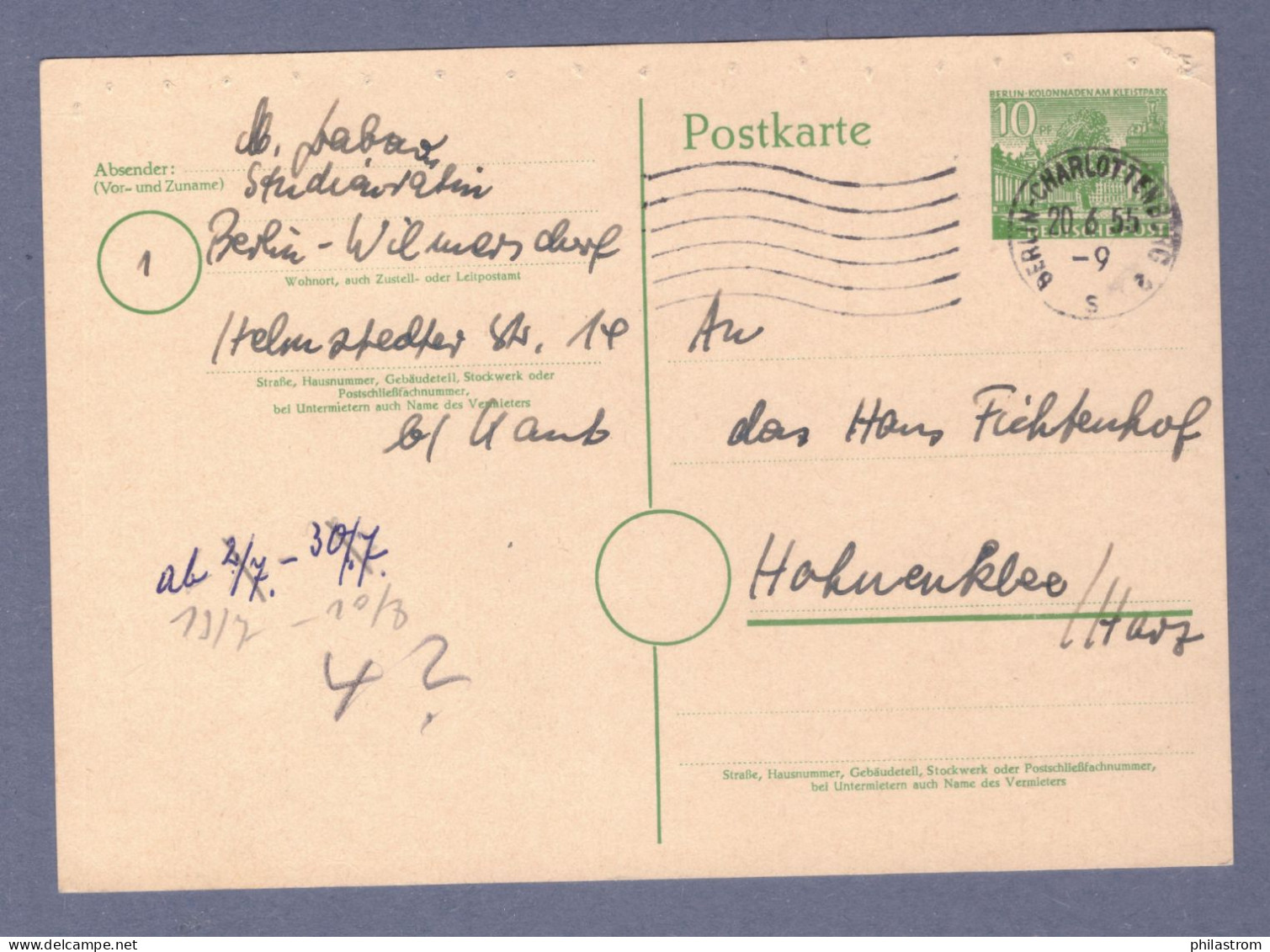 West Berlin  - Ganzsache Postkarte P19 I - Berlin-Charlottenburg 20.6.55 --> Hahnenklee / Harz (3198AGH-060) - Postkarten - Gebraucht