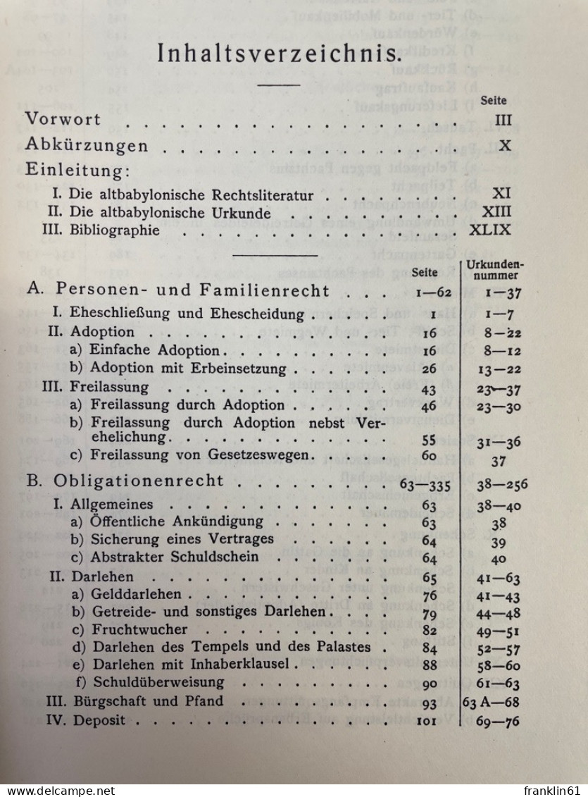 Urkunden Des Altbabylonischen Zivil- Und Prozessrechts. - Recht