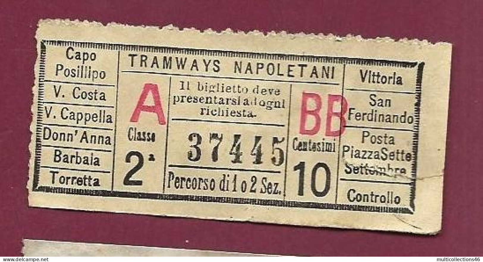 301223B - TICKET CHEMIN DE FER TRAM METRO - ITALIE TRAMWAYS NAPOLETANI C Classe 2a BB 10 Centesimi N°37445 - Europe