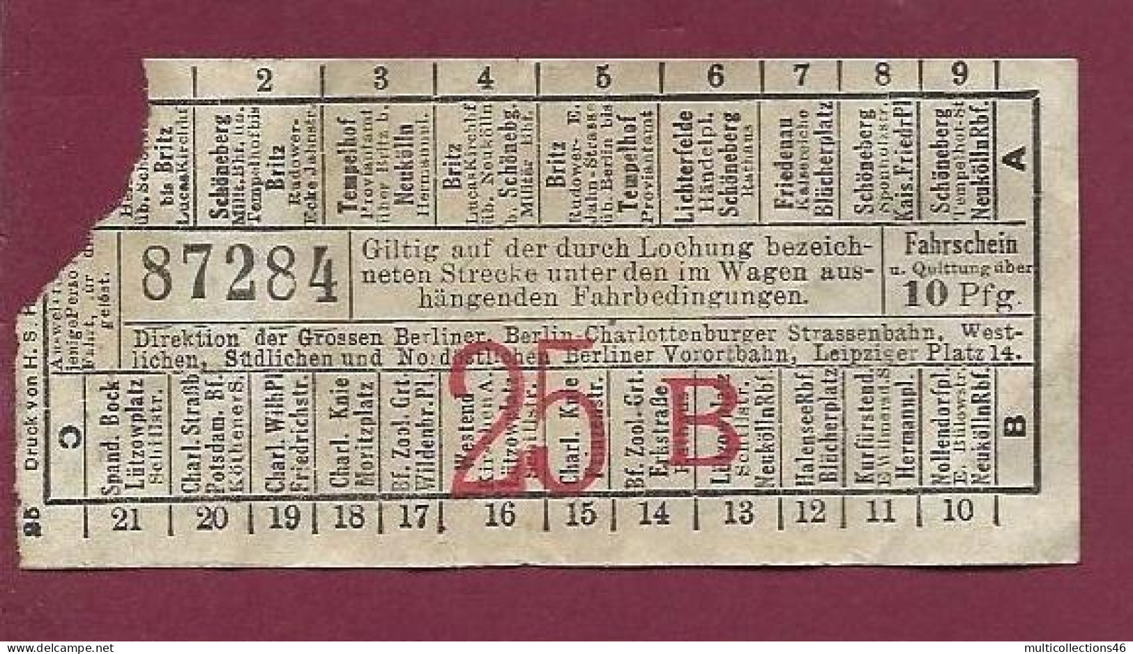 301223C - TICKET CHEMIN DE FER TRAM METRO - BELGIQUE ALLEMAGNE BERLIN N°87284 25B 10 Pfg - Europe