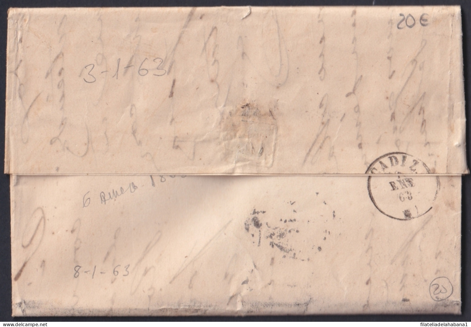 F-EX46393 ESPAÑA SPAIN 1863 25mls MADRID TO CADIZ.  - Lettres & Documents