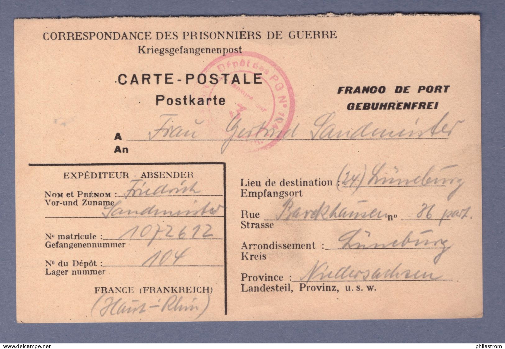 Kriegsgefangenenpost - Dépot Des P.G. Nº 104 - Postkarte  Mulhouse 17.8.47--> Lüneburg (3198AGH-076) - Courriers De Prisonniers